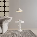 Stylish White Side Table In Living Room With White Sofa Hanging Lamp And Gray Rug