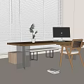 Modern Desk Setup With Potted Plant Computer Chair And Window Blinds 3d model