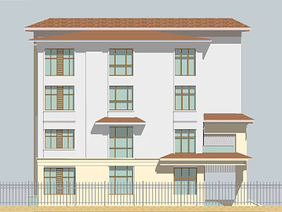 Multi Storey Building With Brown Roof White Beige Exterior Walls Windows And Iron Fence 3d model