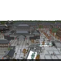 Traditional Commercial Street With Vibrant Evening Lights Plaza Fountain And Pedestrians