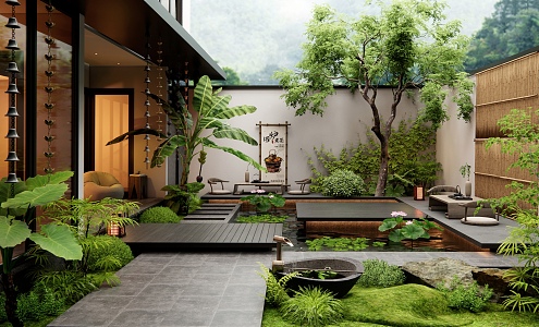 New Chinese Courtyard Garden Villa Courtyard Ting Step Waterscape Rainwater Chain Plant Pile Flowers and Plants Combination Landscape Tree 3d model