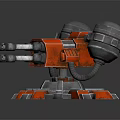 Red Mechanical Turret Weapon with Multiple Barrels and Metallic Base Structure 3d model