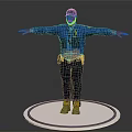 Police Officer in Blue Uniform Full Body Pose with Open Arms Standing on White Circular Platform