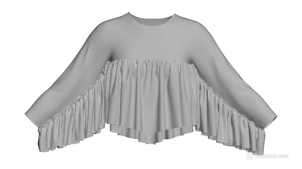 Gray Loose Fit Top With Flowy Sleeves And Ruffled Hem Design 3d model 