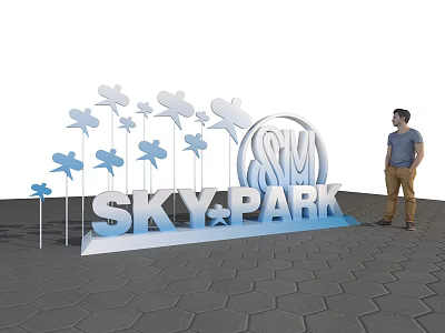 3D Lettering Sign SKY PARK With Butterfly Decorations Person Standing On Hexagonal Tiled Ground 3d model
