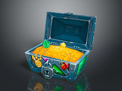 Open Blue Treasure Chest Filled with Gold Coins Green Yellow Red Gemstones Metal Decorations Lock 3d model