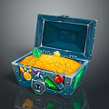 Open Blue Treasure Chest Filled with Gold Coins Green Yellow Red Gemstones Metal Decorations Lock