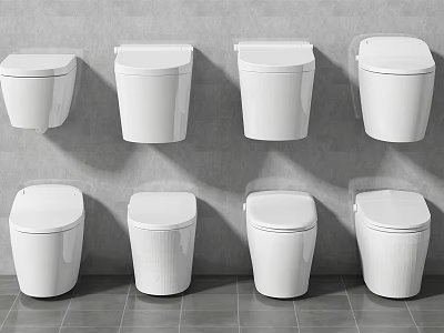 Modern White Toilets Arranged in Two Rows Against Gray Wall and Floor Tiles 3d model