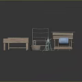 Wooden Multi Functional Table With Shelf Basket Barrel And Hand Tools 3d model