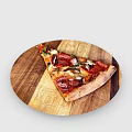 A Delicious Pizza Slice on Wooden Tray with Fresh Toppings and Crust