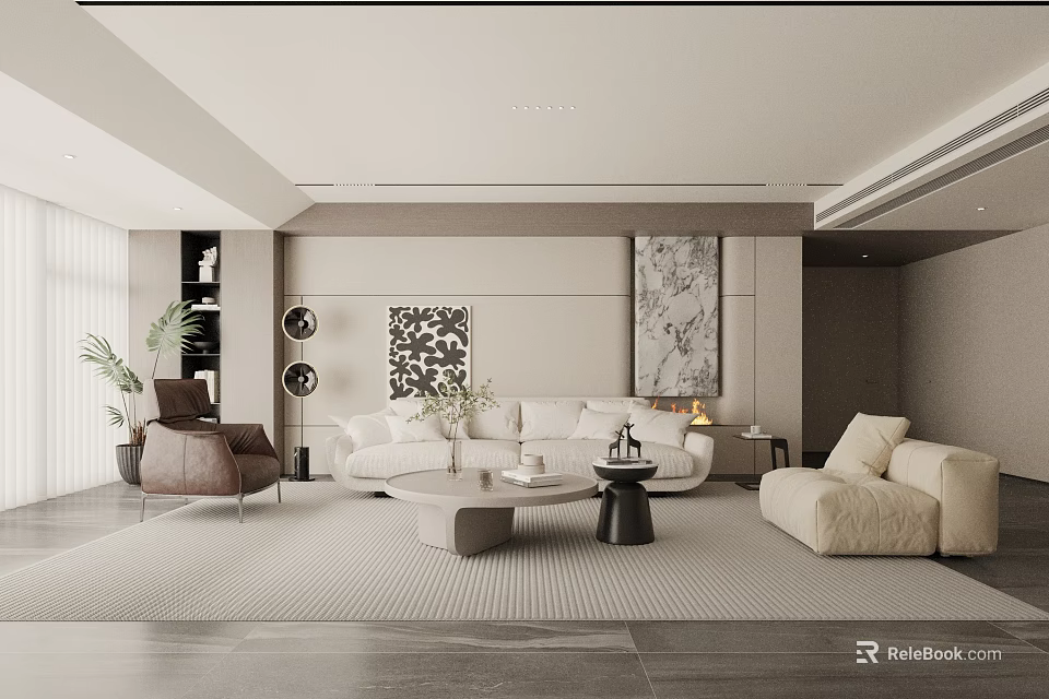 Modern Living Room Interior With Beige Sofa Round Coffee Table Wall Art Plants And Rug 3d model 