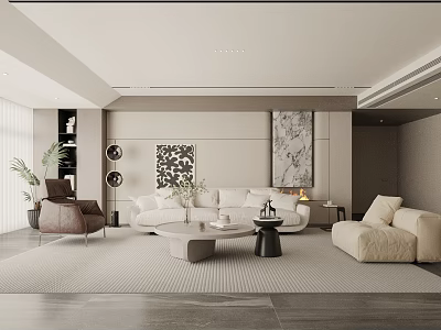 Modern Living Room Interior With Beige Sofa Round Coffee Table Wall Art Plants And Rug 3d model