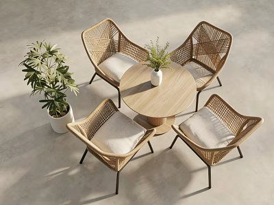 Natural Style Wicker Chairs With Round Wooden Table And Green Plants 3d model