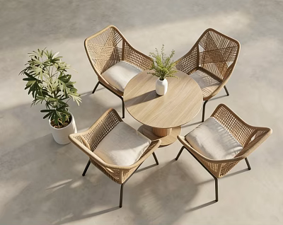 Natural Style Wicker Chairs With Round Wooden Table And Green Plants 3d model