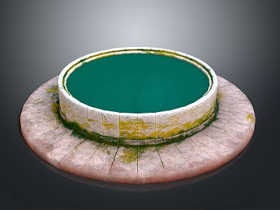 Circular Water Fountain with Green Water Surface Mossy Stone Edge and Stone Slab Base 3d model