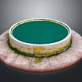 Circular Water Fountain with Green Water Surface Mossy Stone Edge and Stone Slab Base