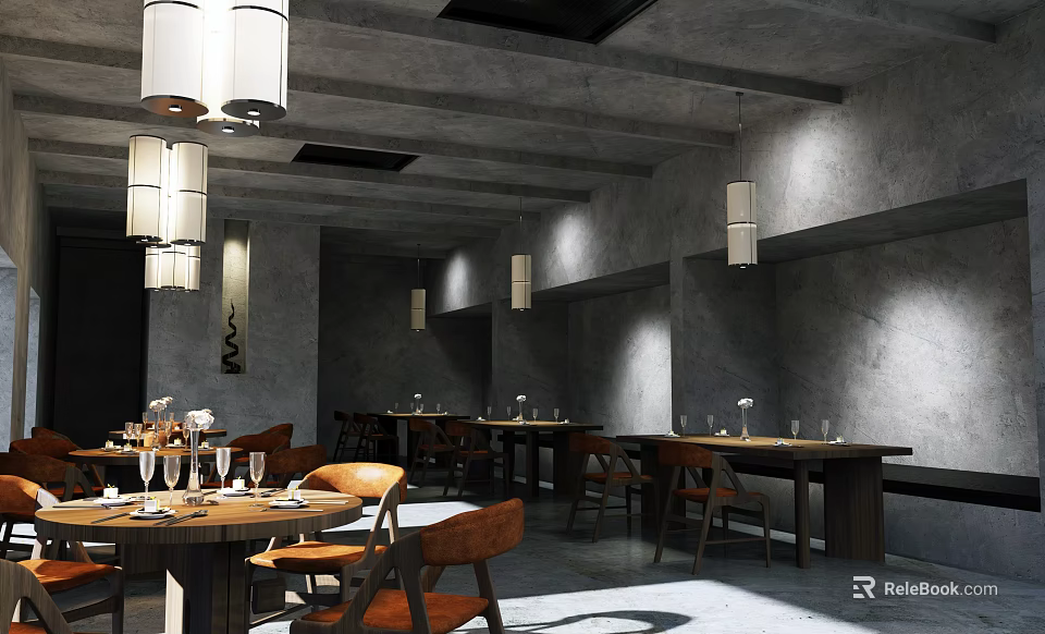 Industrial Style Restaurant Interior With Gray Walls Wooden Tables And Hanging Lamps 3d model 
