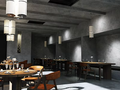 Industrial Style Restaurant Interior With Gray Walls Wooden Tables And Hanging Lamps 3d model