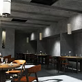 Industrial Style Restaurant Interior With Gray Walls Wooden Tables And Hanging Lamps