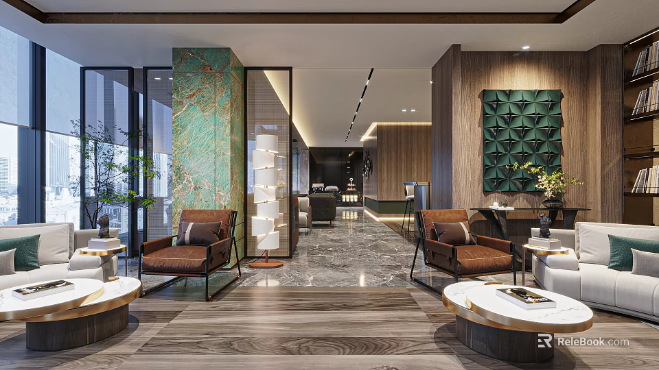 Elegant Modern Hotel Lobby Interior With Wooden Flooring Green Marble Wall And Leather Chairs 3d model 