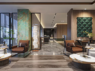 Elegant Modern Hotel Lobby Interior With Wooden Flooring Green Marble Wall And Leather Chairs 3d model
