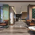 Elegant Modern Hotel Lobby Interior With Wooden Flooring Green Marble Wall And Leather Chairs