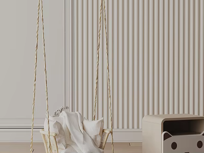 Rattan Swing Leisure Chair With White Cushions Against Striped Wall And Wooden Floor 3d model