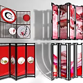 Modern Folding Screens With Red Panels Black Frames And Maple Leaf Patterns 3d model
