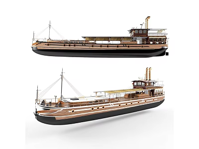 Two Vintage Wooden Ships With Classic Decks Mast And Chimney Design 3d model