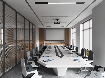 Modern Conference Room Interior With Long Table Chairs Projection Screen Glass Partitions And Windows 3d model
