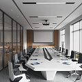 Modern Conference Room Interior With Long Table Chairs Projection Screen Glass Partitions And Windows