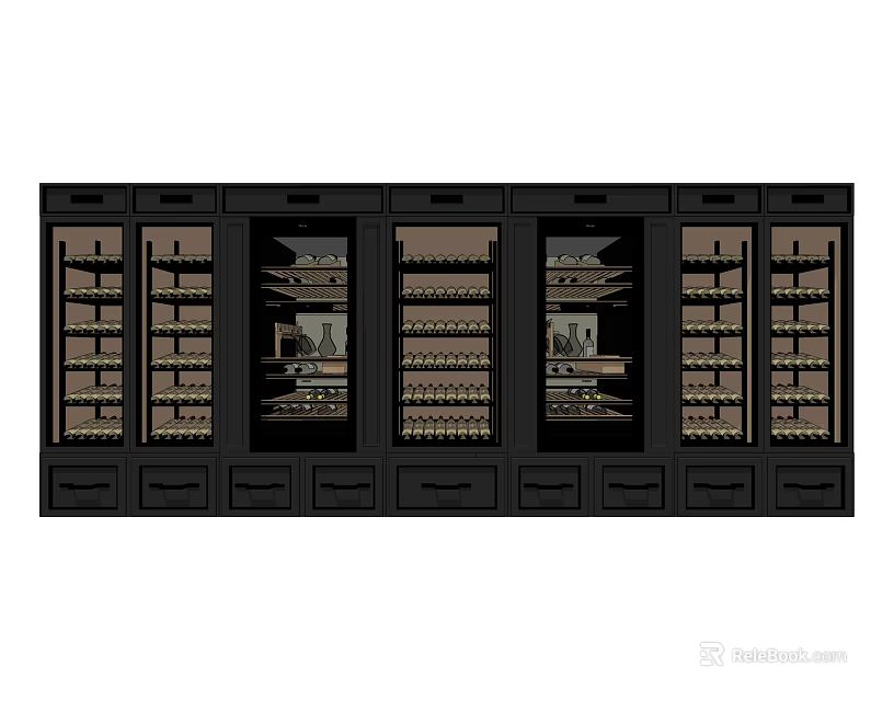 Modern Black Wine Cabinet With Glass Doors And Storage Shelves For Wine Bottles 3d model 