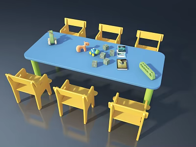 Yellow Dining Chairs Around Blue Table With Small Toys And Items 3d model