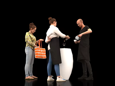 Group of Three People Interacting Around White Pedestal With Apron And Bag 3d model