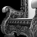Intricate Golden Carved Throne With Red Upholstered Seat And Armrests