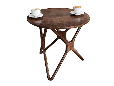 Round Wooden Coffee Table With Two White Coffee Cups And Saucers 3d model
