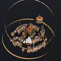 Cartoon Scene of Enchanted Castle with Spires Towers Hilltop Fountain Platform and Bridge