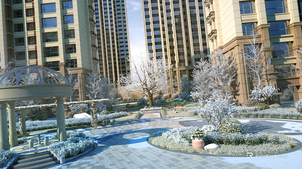 Snow Covered Residential Landscape With High Rise Buildings Trees Courtyard Greenery And Paved Area 3d model 