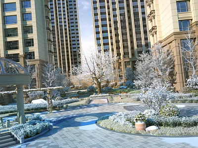 Snow Covered Residential Landscape With High Rise Buildings Trees Courtyard Greenery And Paved Area 3d model