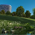 Scenic Park Landscape With Green Lawn Trees Flowers And Water Feature Near Modern Building