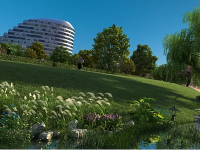 Scenic Park Landscape With Green Lawn Trees Flowers And Water Feature Near Modern Building 3d model