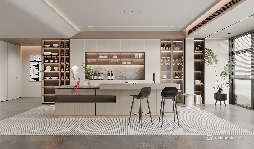 Elegant Modern Restaurant Open Kitchen With Island Counter Cabinets Wine Bottles And Green Plants 3d model 