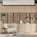 Cozy Study Room with Light Wood Bookshelves Plush Chair Side Table Books and Natural Light
