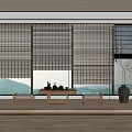Bamboo Blinds Interior With Mountain View Tea Table And Stools Vase 3d model