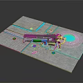 Construction Model With Gray Ground Green Mechanical Arm Blue Circle Scattered Parts And Yellow Fence