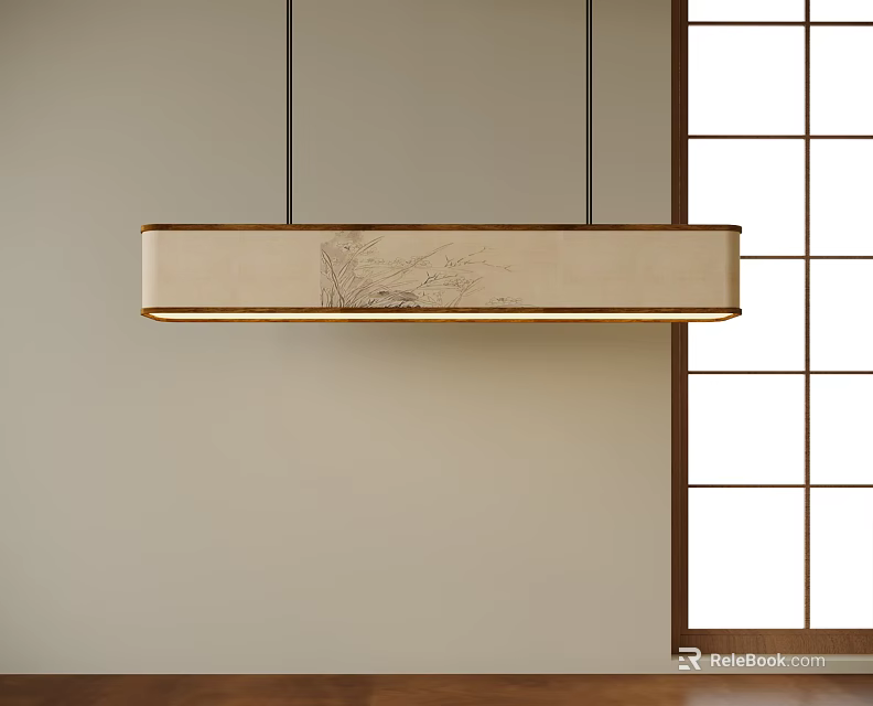 Japanese Interior Pendant Light Rectangular Fabric Shade With Wooden Frame And Grid Window 3d model