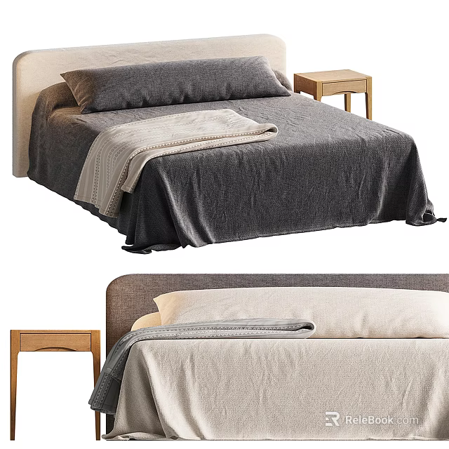 Double Bed with Gray and Beige Bedspread Soft Blanket and Wooden Nightstand 3d model 