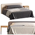 Double Bed with Gray and Beige Bedspread Soft Blanket and Wooden Nightstand