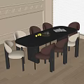 Modern Dark Wood Dining Table With Gray Brown Chairs And Fruit Tray In Bright Room