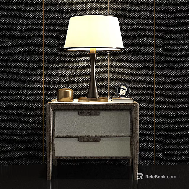 Elegant Bedside Table With Table Lamp Brass Container And Photo Frame On Dark Textured Wall 3d model